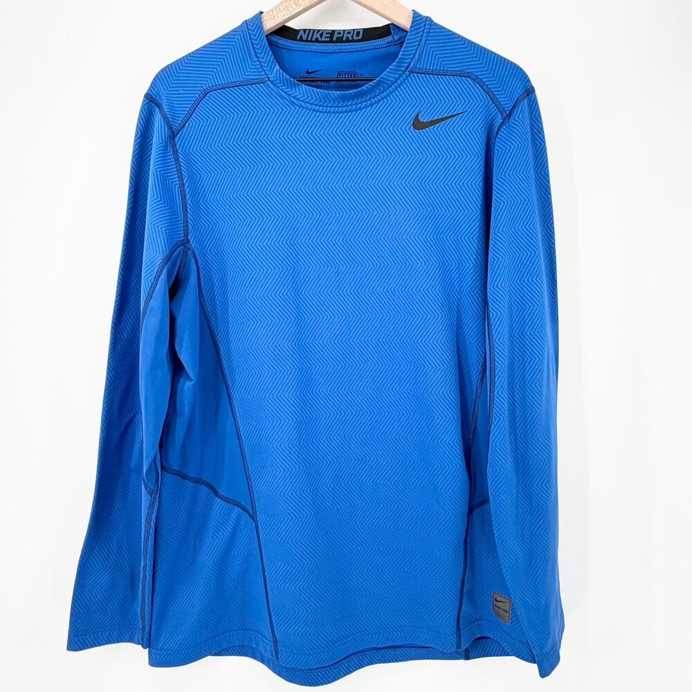Nike Pro Men's XL Dri-FIT Fitted LS Training Shirt Blue Herringbone Pattern EUC